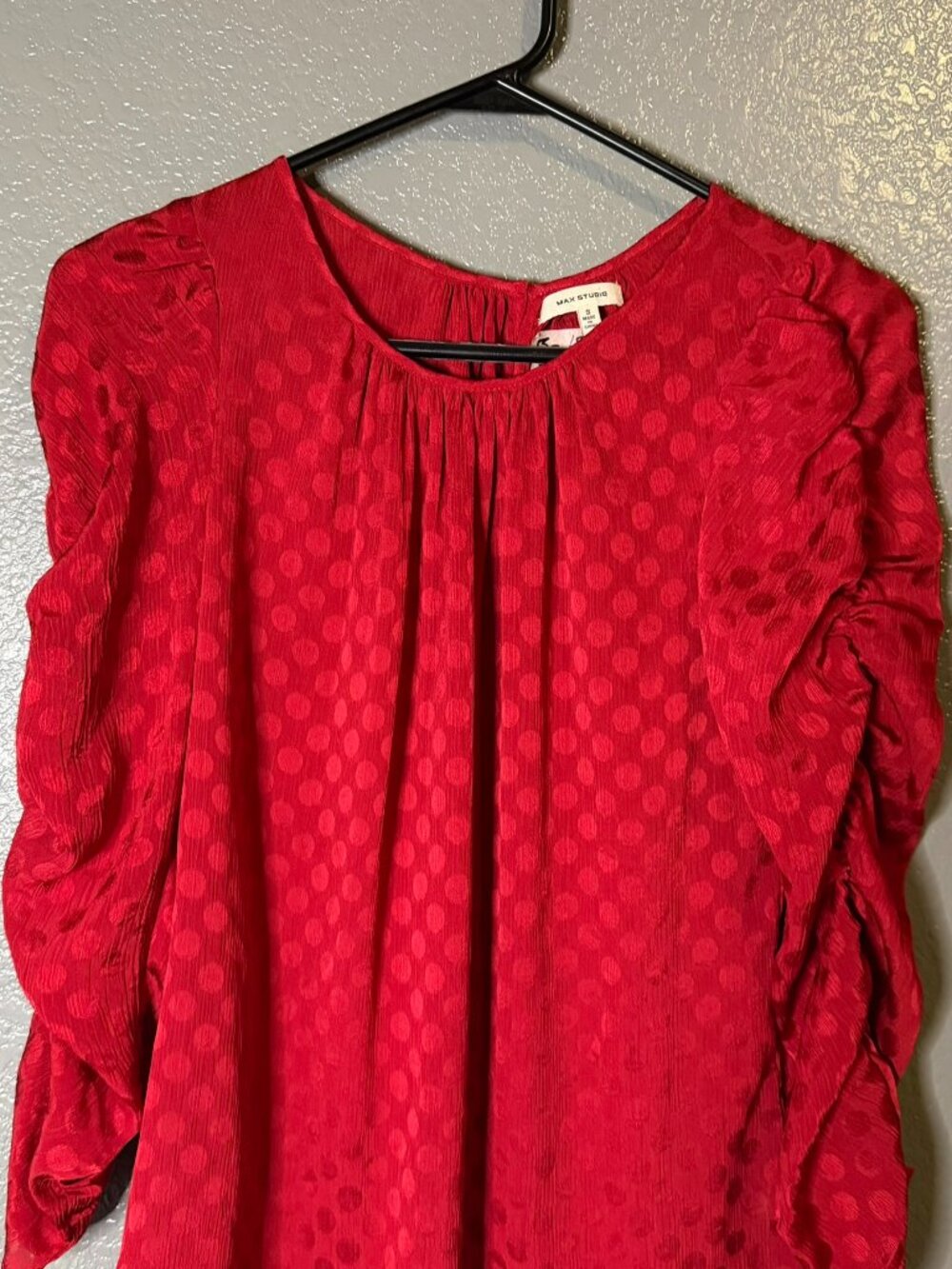 Max Studio Womens Small Red Polka Dot Blouse Puff Sleeve Textured Peasant Top